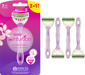 Zestaw maszynek Wilkinson Xtreme 3 My Intuition Comfort Cherry Blossom, fioletowo-różowe opakowanie, trzy fioletowe rączki.