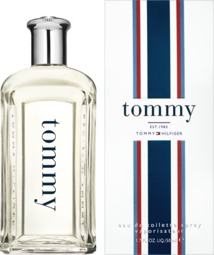 Tommy Hilfiger Tommy woda toaletowa: przezroczysta butelka i białe pudełko z granatowo-czerwonymi paskami.