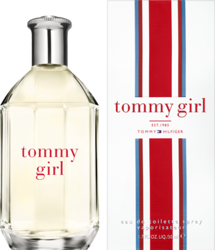 Tommy Hilfiger Tommy Girl EDT: przezroczysta butelka i białe pudełko w czerwono-niebieskie pasy, widok z przodu.