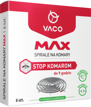Biało-czerwone pudełko Vaco Max spirale na komary, widok z przodu i boku, STOP KOMAROM do 9h, 6 szt.