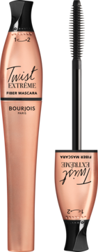Bourjois Twist Extrême Fiber Mascara, różowo-złota butelka i wyjęta skręcana szczoteczka obok, ujęcie z przodu.