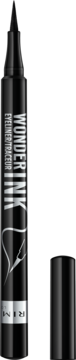 Rimmel Wonder'Ink eyeliner, czarny wodoodporny pisak z precyzyjnym aplikatorem, otwarta skuwka.