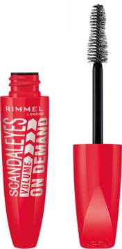 Czerwony tusz Rimmel Scandal'Eyes Volume On Demand, otwarta tubka i czarna szczoteczka obok.