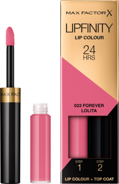 Max Factor Lipfinity Lip Colour 022 Forever Lolita. Różowa, dwuetapowa pomadka obok złoto-czarnego opakowania.