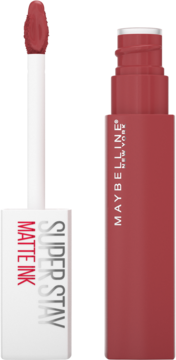 Maybelline Super Stay Matte Ink, matowa pomadka w płynie w różu, aplikator obok prostokątnego opakowania.