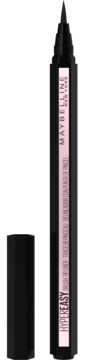Maybelline Hyper Easy eyeliner w czarnym opakowaniu z różową etykietą, obok leży czarna skuwka, widok z przodu.