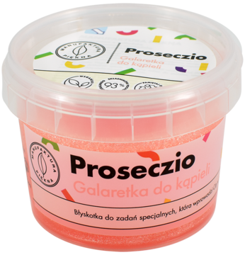 Różowa brokatowa galaretka do kąpieli Proseczio w przezroczystym słoiczku z białym wieczkiem, widok z przodu.