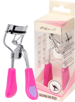 Srebrna zalotka do rzęs Ewa Schmitt z różowymi uchwytami i fioletowym sercem obok opakowania.