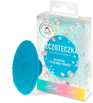 Niebieska silikonowa szczoteczka Ewa Schmitt do mycia i peelingu twarzy z wypustkami, obok przezroczystego pudełka.