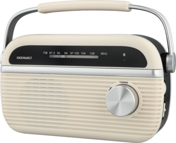 Beżowe radio Ideenwelt z Bluetooth i FM, widok z przodu, z uchwytem i srebrnym pokrętłem regulacji.