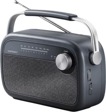 Radio Ideenwelt FM Bluetooth, ciemnoszare, z wysuwaną anteną i pokrętłami, widok z boku.