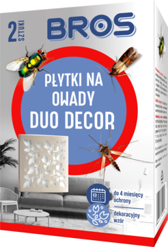 Front opakowania BROS Duo Decor, dekoracyjne płytki na owady (2 szt.) z wzorem, na szaro-niebieskim tle, z muchą i komarem.