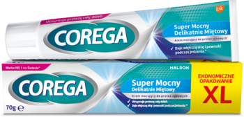 Dwie tubki Corega Super Mocny delikatnie miętowy krem do protez, w tym XL, na czarnym tle.