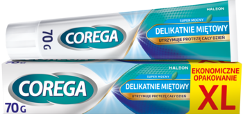Dwie tubki Corega Delikatnie Miętowy krem do protez 70g, z XL opakowaniem, ułożone ukośnie.