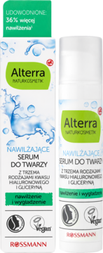 Alterra Nawilżające Serum do Twarzy z 3x kwasem hialuronowym, wegańskie, w białych opakowaniach, widok z przodu.