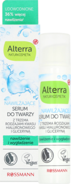 Alterra Nawilżające Serum do Twarzy z kwasem hialuronowym i gliceryną w butelce i pudełku. Widok z przodu, z hasłem 36% więcej nawilżenia.