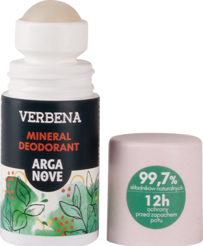 Biały mineralny dezodorant Verbena Arga Nove roll-on z grafiką liści, obok odkręcona nakrętka z detalami.