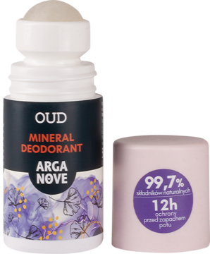 Biały naturalny dezodorant ałunowy OUD Mineral Arga Nove roll-on, otwarty, widoczne 99,7% składników.