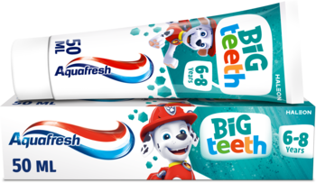 Aquafresh Big Teeth Paw Patrol pasta do zębów dla dzieci 6-8 lat, tuba 50ml na kartoniku, widok z przodu.