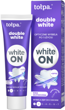 Fioletowa pasta do zębów Tołpa Double White White ON w tubce i pudełku, wybiela zęby do 2 odcieni, widok z przodu.