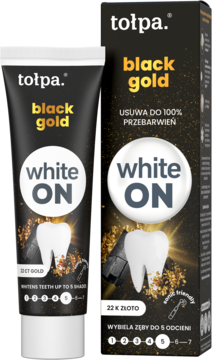 tołpa. black gold white ON wybielająca pasta do zębów, czarna tubka i pudełko ze złotem, widok z przodu.