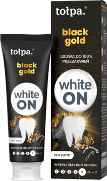 Tołpa Black Gold White ON wybielająca pasta do zębów z 22K złotem, czarna tuba i pudełko stojące obok siebie.