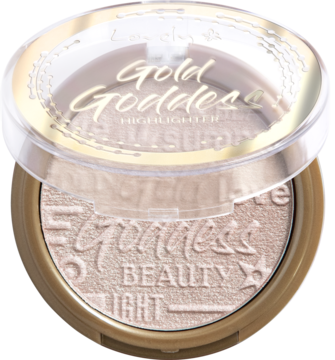 Wypiekany rozświetlacz Lovely Gold Goddess w złotym, otwartym kompakcie, widoczny perłowy puder.