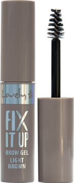 Jasnobrązowy żel do brwi Lovely Fix It Up, tuba z odkręconą nasadką i aplikatorem szczoteczki.