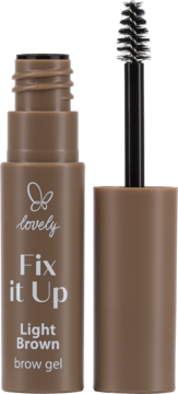 Brązowy żel do brwi Lovely Fix It Up Light Brown z otwartą tubą i wyciągniętą szczoteczką, widok z przodu.