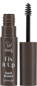 Lovely Fix it Up Dark Brown brow gel w ciemnobrązowej butelce, otwarta z aplikatorem. Widok z przodu.