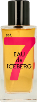 Kwadratowa butelka perfum Iceberg Eau de Iceberg z bursztynowym płynem i dużą różową cyfrą 7, widok z przodu.
