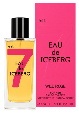 Iceberg Eau de Iceberg Wild Rose, woda toaletowa dla kobiet w prostokątnej butelce i różowym pudełku, przód.