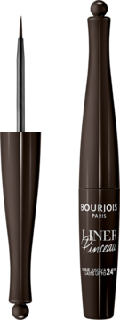 Otwarty ciemnobrązowy eyeliner Bourjois Liner Pinceau z pędzelkiem, obok zamkniętej butelki.