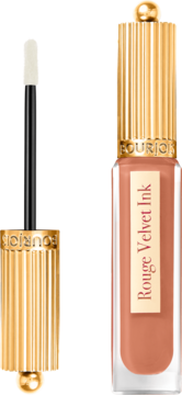 Otwarta pomadka w płynie Bourjois Rouge Velvet Ink w odcieniu nude, złote wieczko i aplikator z jasnym pędzelkiem.