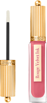 Bourjois Rouge Velvet Ink, różowa matowa pomadka w płynie, butelka z aplikatorem i złotą nakrętką.