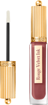 Matowa pomadka Bourjois Rouge Velvet Ink, butelka i złoty aplikator obok, kolor brudnego różu.