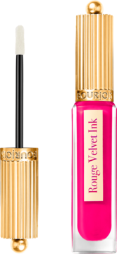 Fuksjowa pomadka w płynie Bourjois Rouge Velvet Ink z wyciągniętym aplikatorem i złotą, żłobioną nakrętką.