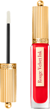 Bourjois Rouge Velvet Ink, czerwona matowa pomadka w płynie z precyzyjnym aplikatorem i butelką.