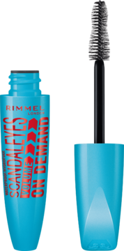 Rimmel Scandal'Eyes Volume On Demand, niebieska wodoodporna maskara, otwarta tubka z wysuniętą szczoteczką.