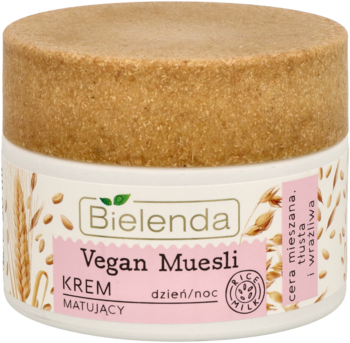 Bielenda Vegan Muesli matujący krem dzień/noc w białym słoiku, zbliżenie z przodu, beżowe wieczko w teksturze owsa.
