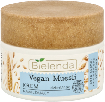 Bielenda Vegan Muesli krem nawilżający do suchej i wrażliwej cery, biały słoik z brązową nakrętką.