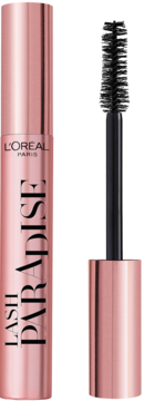 L'Oréal Lash Paradise mascara w lśniącej różowo-złotej tubce z wyjętą obok czarną szczoteczką, widok z przodu.