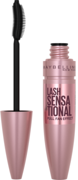 Maybelline Lash Sensational: różowozłoty tusz do rzęs z czarną, wachlarzową szczoteczką, otwarte opakowanie.