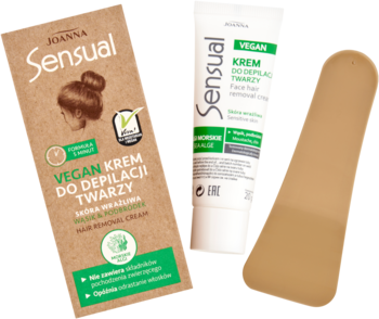Joanna Sensual Vegan krem do depilacji twarzy w kartonowym pudełku, biała tubka i beżowa szpatułka.