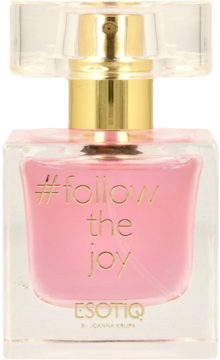 Esotiq Joanna Krupa #follow the joy woda perfumowana, różowa w prostokątnej szklanej butelce z złotym napisem.