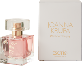 Perfumy Esotiq Joanna Krupa #follow the joy: różowy flakon i białe pudełko, ujęcie z przodu.