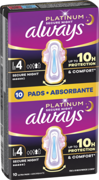Dwa fioletowe opakowania Always Platinum Secure Night, rozmiar 4, 10 podpasek. Oferują 10H ochronę i komfort.