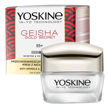 YOSKINE Geisha Gold Secret 55+ krem przeciwzmarszczkowy w szklanym słoiczku ze złotym wieczkiem, przed pudełkiem z czerwonym wzorem.