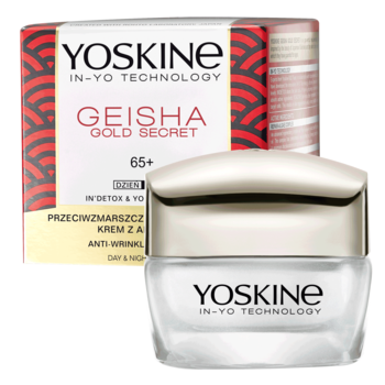 Krem YOSKINE GEISHA GOLD SECRET 65+ z algą Nori w słoiczku ze złotą nakrętką i pudełkiem, widok z przodu.