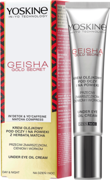 YOSKINE Geisha Gold Secret krem olejkowy pod oczy, beżowe pudełko i srebrna tubka, widok z przodu.